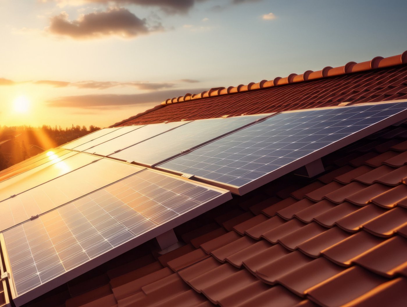 Paneles solares instalados en un techo de teja al atardecer